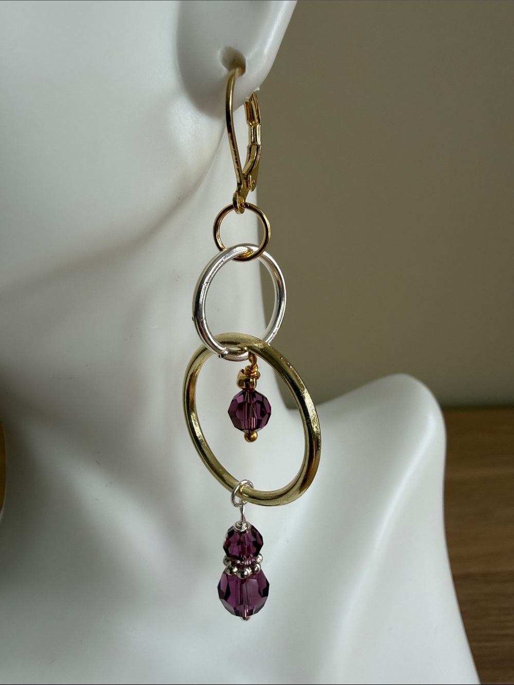 HAND CRAFTED AMETHYST SWAROVSKI CRYSTAL MIXED METAL DANGLE EARRINGS Dramatic - Picture 3 of 9